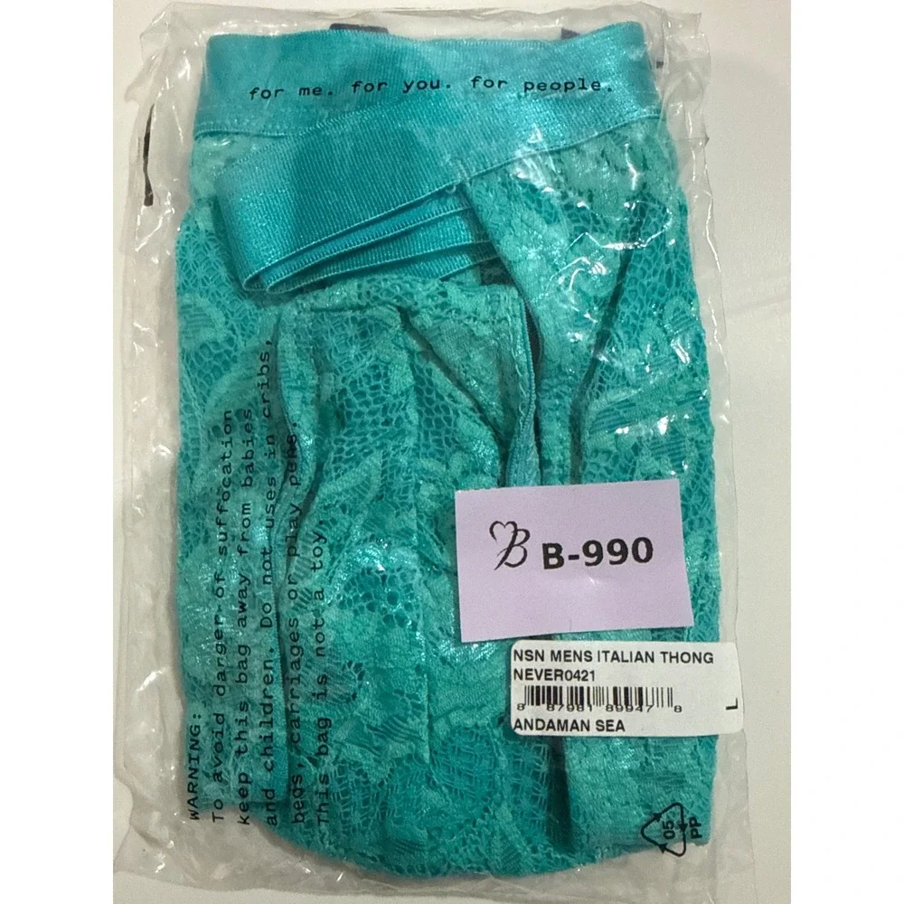 Cosabella Never Say‎ Never Sheer Lace Italian Tanga Men's Thong Turquoise L